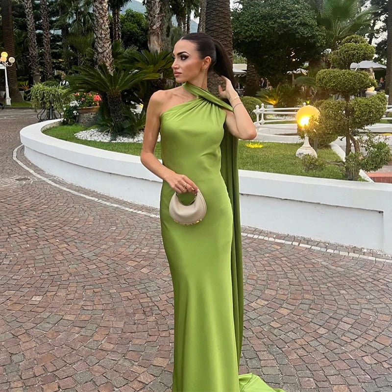 Elegant Solid Ribbon Women Halter Dress Off Shoulder Sleeveless Backless Slim Female Maxi Dresses 2025 Summer New Chic Lady Robe