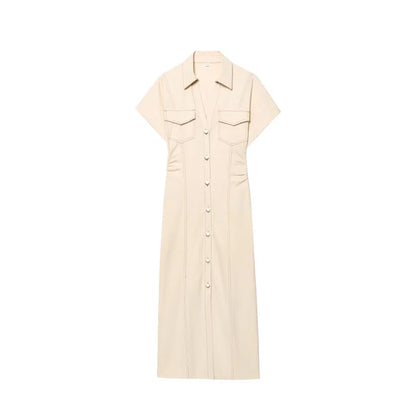 ETJ 2025 traf Spring New 1975 series denim MIDI dress with lapel side zipper fashion wrinkle waist slim elegant dress