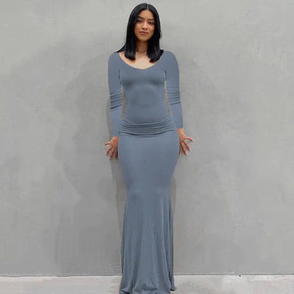 2025 Autumn Long Sleeve Dresses For Women Sexy V Neck Bodycon Solid Elegant Long Dress Y2k Skinny Trumpet Maxi Vestidos