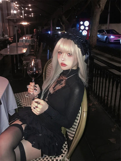Turtleneck Top Y2k Clothes Black Gothic Cross Hollow Slimming Bottom T Shirt for Women Long Sleeve Sexy T-shirt Girls Tops