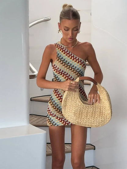 Irregular Printed Knitted Mini Dress For Women Chic Backless Slanted Shoulder Slim Fit Dresses 2025 Summer Holiday Beach Robes