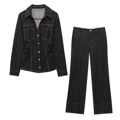 Women Two Pieces Set Denim Pant Sets Single Breasted Long Sleeve Belt Coat Wide Leg Trousers Jeans Female 2 Pieces Outfits