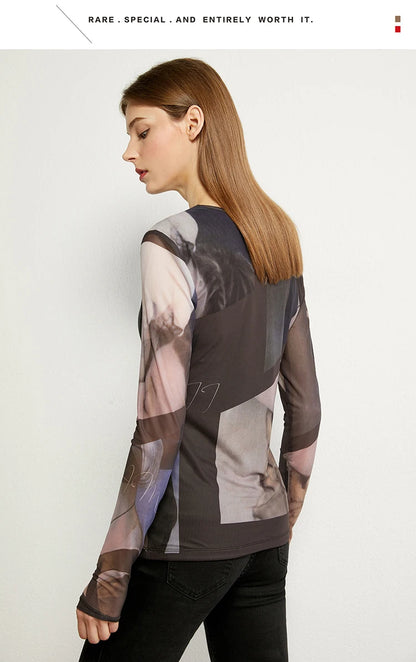 AMII Minimalism Long sleeve T-shirts for Women 2025 Spring New Bottoming Shirt Mesh Printing Inside Slim Trendy Tops 12421003