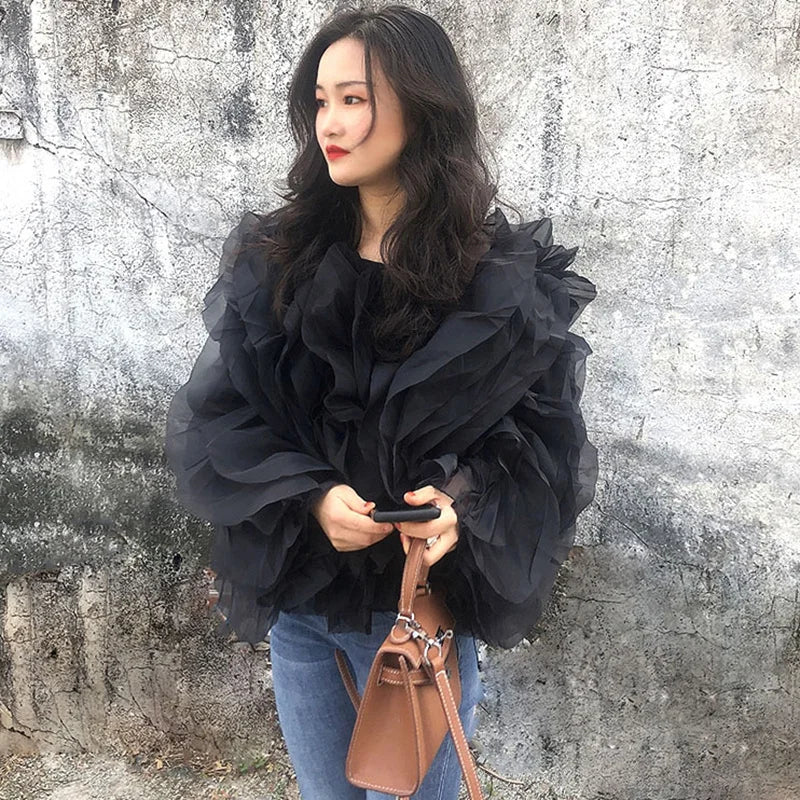 TWOTWINSTYLE Vintage Patchwork Ruffle Shirt For Women O Neck Lantern Long Sleeve Solid Elegant Blouse Female Fashion New Style