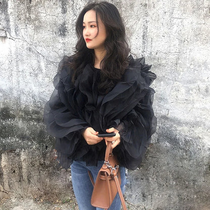 TWOTWINSTYLE Vintage Patchwork Ruffle Shirt For Women O Neck Lantern Long Sleeve Solid Elegant Blouse Female Fashion New Style