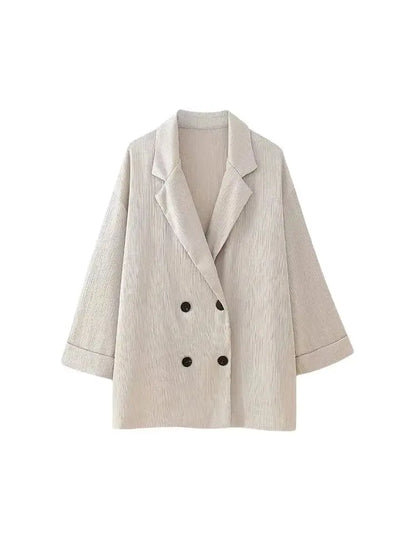 TRZA-Women's Double-Breasted Loose Blazer Coat and High Elastic Waist Wide Leg Pants, Female Two Piece Sets, Fashion