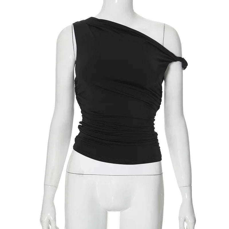 Simple Basic Casual Summer Tank Top Sleeveless Solid Color Off Shoulder Side Ruched Crop Tops Vestidos Spring Women T S