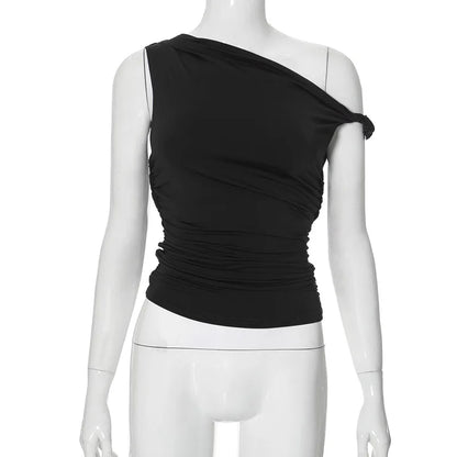 Simple Basic Casual Summer Tank Top Sleeveless Solid Color Off Shoulder Side Ruched Crop Tops Vestidos Spring Women T S