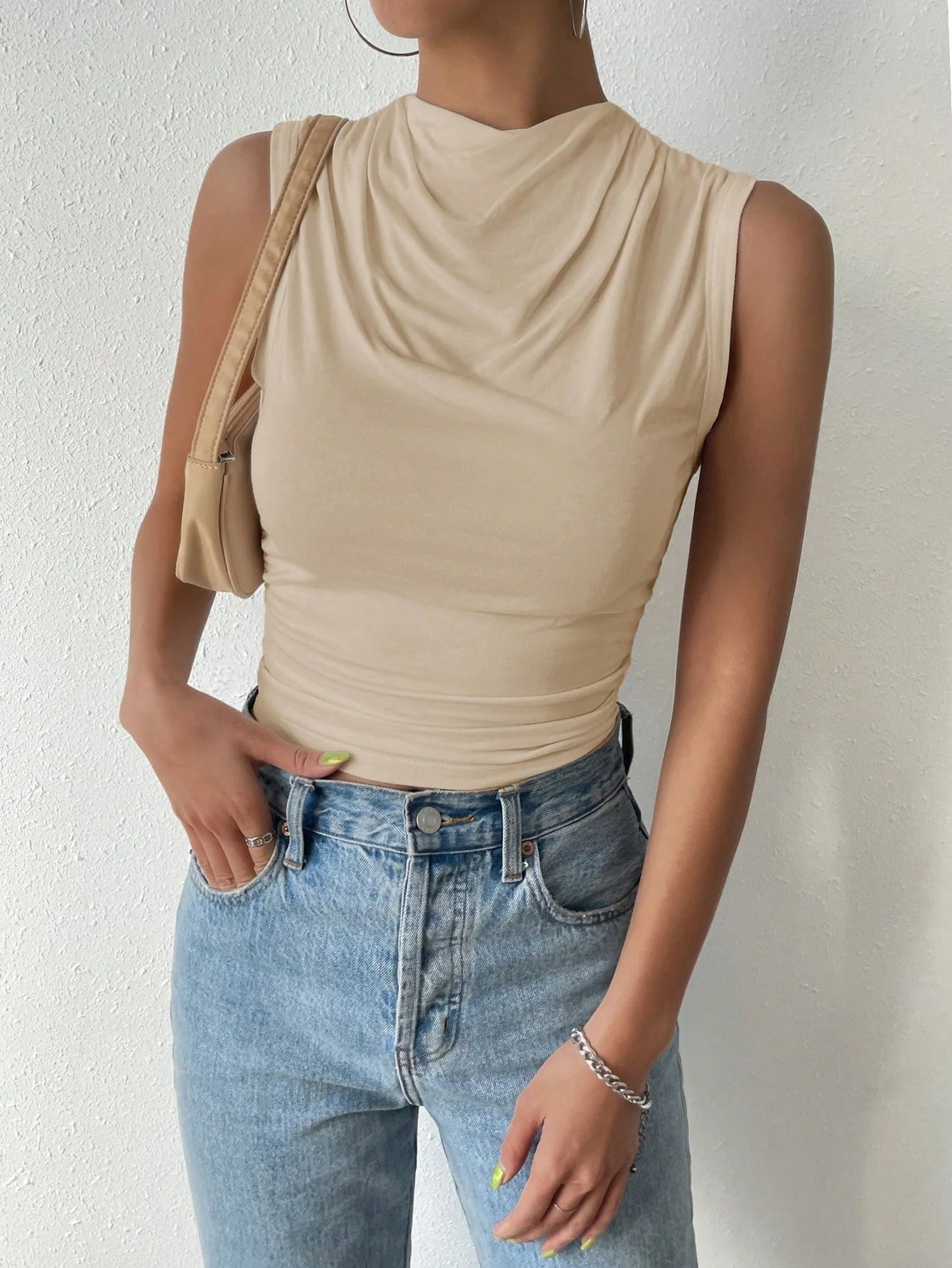 Women's Casual Pleated Design Top Summer Fashion Street Style Solid Color Slim Half High Neck Sleeveless T-Shirt Top