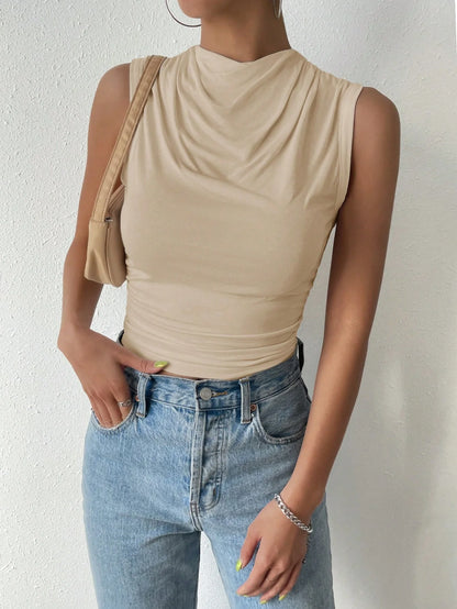 Women's Casual Pleated Design Top Summer Fashion Street Style Solid Color Slim Half High Neck Sleeveless T-Shirt Top