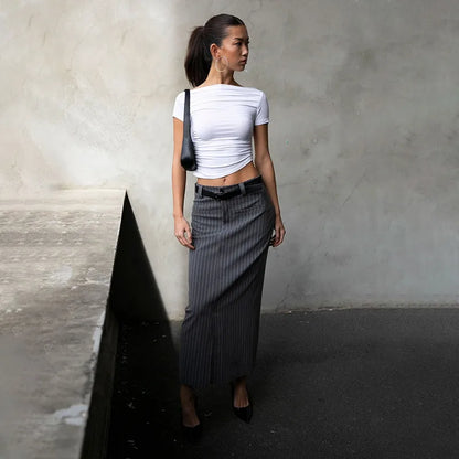 Summer New T-shirt Women Sexy Short Sleeve Fashion Tees Slash Neck Folds Crop Top Casual Streetwear Bodycon Solid Basic T-shirts