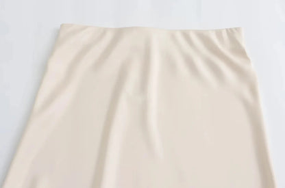 TRZA Women's Soft Touch Silk-Like Midi Skirt High Waist Elastic Waistband Chic Fashion Female Skirts Elegant Mujer