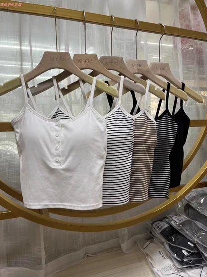 White Stripe Small Cami Women Autumn Gyaru Sexy Button Slim fit Short With Chest Pad Top NS5861