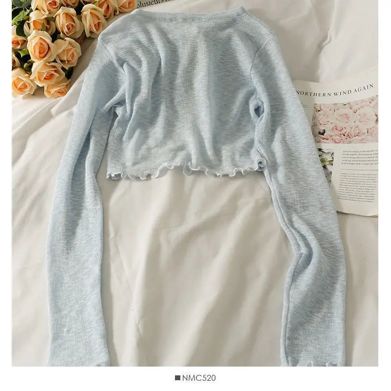 Women Frenum Cardigan Blouses and Tops Bow Lace Up Long Sleeve Crop Top Female Elegant Shirt Thin Aesthetic Clothes Korean Style