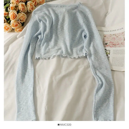 Women Frenum Cardigan Blouses and Tops Bow Lace Up Long Sleeve Crop Top Female Elegant Shirt Thin Aesthetic Clothes Korean Style