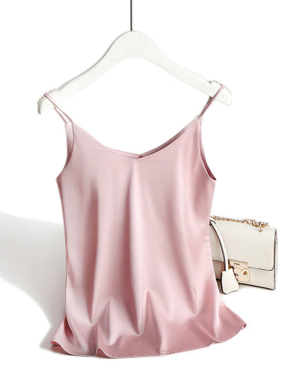 AOSSVIAO 2025 Spaghetti Strap Top Women Halter V Neck Basic White Cami Sleeveless Satin Silk Tank Tops Women'S Summer Camisole