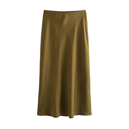 TRZA Women's Soft Touch Silk-Like Midi Skirt High Waist Elastic Waistband Chic Fashion Female Skirts Elegant Mujer