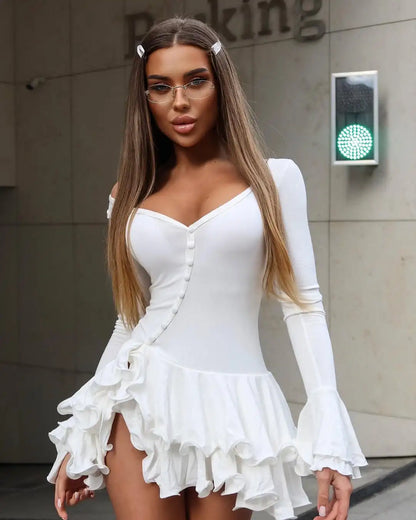 Absobe Women's A-Line Bodycon Mini Dress Ruffle Hem V-Neck Asymmetrical Buttons Long Sleeve Short Dress Party Streetwear Outfits