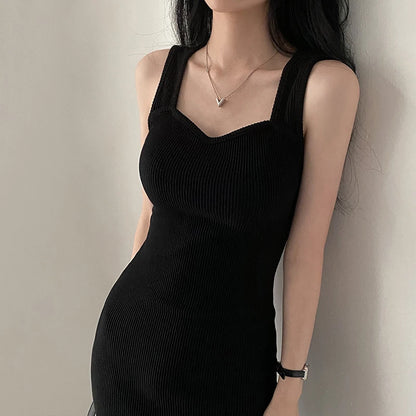 CIBBAR Basic Knit Long Dress Korean Fashion Square Collar Sleeveless Women's Dresses Summer Casual Y2k Vintage All-match Outfits