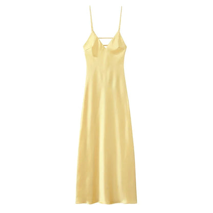 Yellow Elegant Stain Women's Sling Dress Sexy Backless Sleeveless V Neck High Waist Evening Gown Summer Chic Lady Partywear 2025
