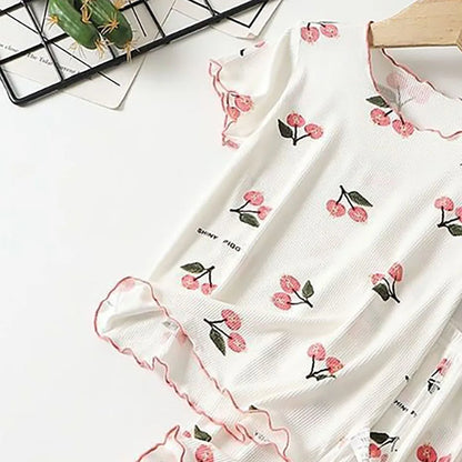 Girls Summer Pajama Set Cherry Blossom Print 4-Way Stretch Shorts & Tee Breathable Modal Blend for Bedtime and Playtime for 1-8Y