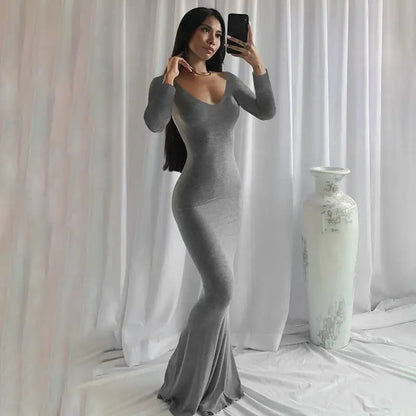 2025 Autumn Long Sleeve Dresses For Women Sexy V Neck Bodycon Solid Elegant Long Dress Y2k Skinny Trumpet Maxi Vestidos