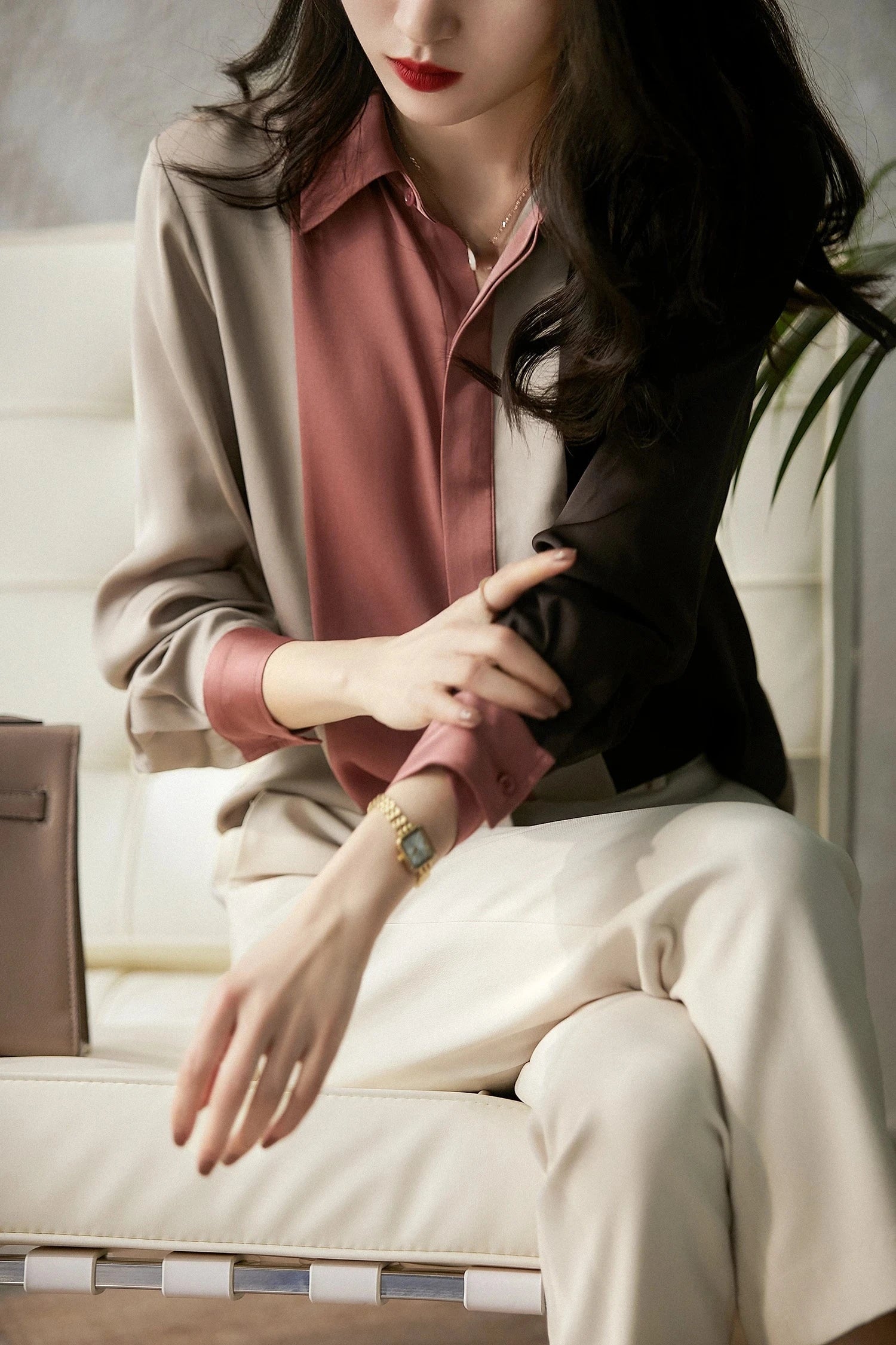 Women Satin Button Blouse