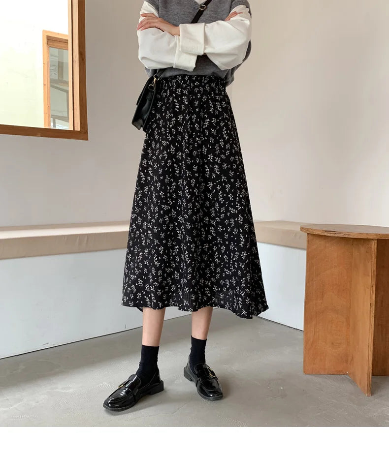 Vintage Floral Print A-line Pleated Long Skirts Summer Women 2024 Korean Skirt Streetwear Drawstring Elastic Waist Midi Skirt