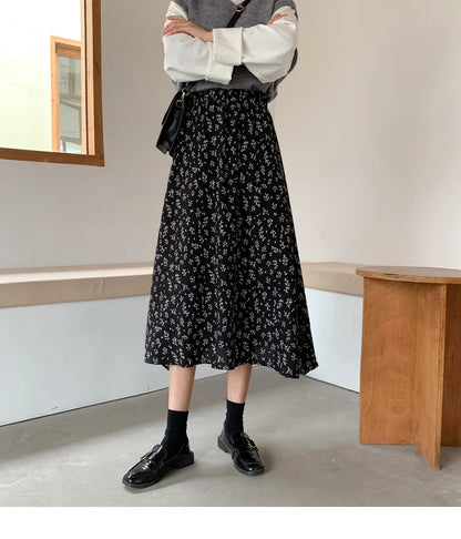 Vintage Floral Print A-line Pleated Long Skirts Summer Women 2024 Korean Skirt Streetwear Drawstring Elastic Waist Midi Skirt