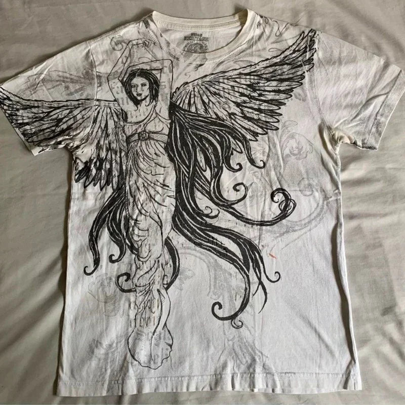 Y2K Affliction T Shirt Vintage Clothing Punk Hip Hop Graphic Print Oversized T shirt Women Round Neck Cotton Short Sleeve Tops