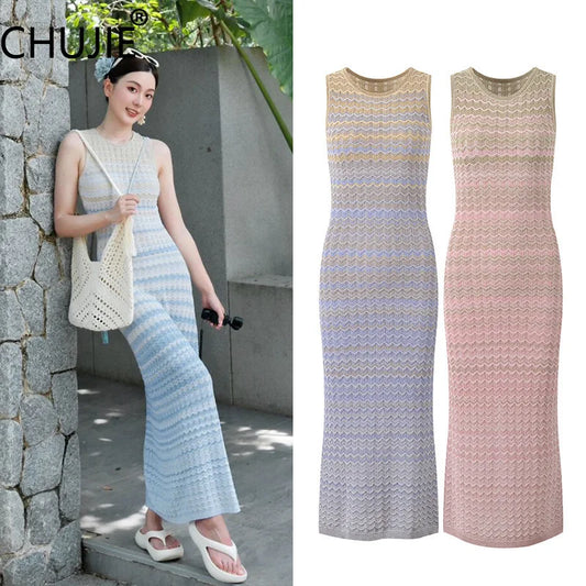 CHUJIE Women's Dress 2025 Spring/Summer New Design Gradually Changes Color, Fashion Elegant Slim Fit Round Neck Sleeveless Dress