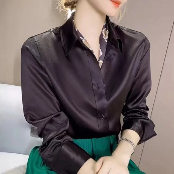 Solid Color Elegant Office Lady's Satin Shirt All-Match Trendy Women Shirts And Blouses Basic Chic Top Autumn French Chic Shirt