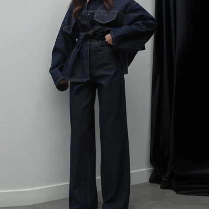 Women Two Pieces Set Denim Pant Sets Single Breasted Long Sleeve Belt Coat Wide Leg Trousers Jeans Female 2 Pieces Outfits