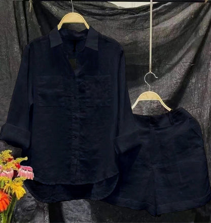 Summer Cotton Linen Casual Home 2 Piece Set For Women 2024 Fashion White Long Sleeve Shirt And Shorts Two Piece Sets Tracksuit