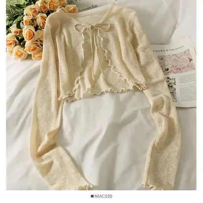 Women Frenum Cardigan Blouses and Tops Bow Lace Up Long Sleeve Crop Top Female Elegant Shirt Thin Aesthetic Clothes Korean Style