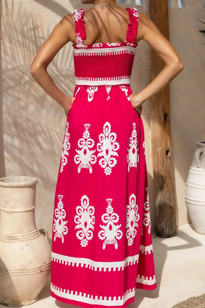 2025 Summer Fashion New Women's Bohemian Style Dress Beach Vacation Printed Strap Fold A-line Length Dress
