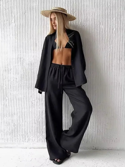 Classic Solid Shirt Pants Set Women Casual Loose Long Sleeved Lapel Elastic Waist Two Piece Suit 2025 New Summer Street Outfit