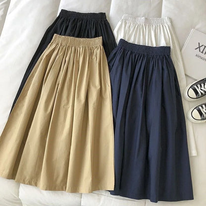 Women White Long Skirt Fashion Pockets Pleated Knee Length Skirts Autumn 2024 New Casual Elegant High Waist A Line Femme Skirts