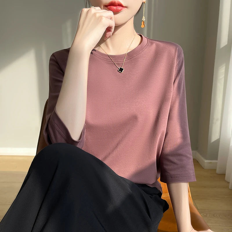 Spring And Summer New White Mercerized Cotton Short Sleeve T-Shirt Feminine Joker Cotton Cropped Sleeve Bottoming Shirt