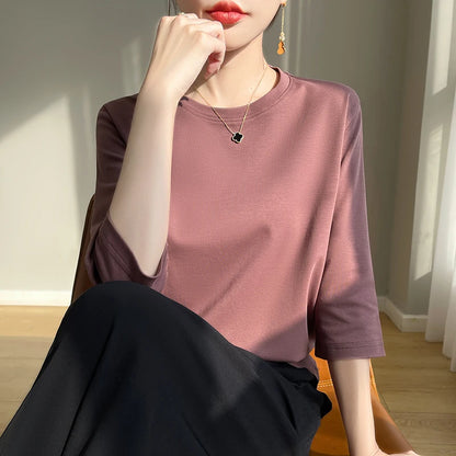 Spring And Summer New White Mercerized Cotton Short Sleeve T-Shirt Feminine Joker Cotton Cropped Sleeve Bottoming Shirt