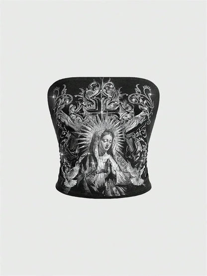 Women Gothic Print Tube Top Summer Y2K Clothes Sleeveless Off the Soulder Crop Top Streetwear