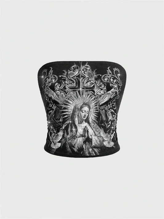 Women Gothic Print Tube Top Summer Y2K Clothes Sleeveless Off the Soulder Crop Top Streetwear