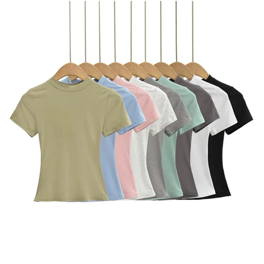 2025 New High Quality Casual T shirt Sexy Slim Short Sleeves Fashion Trend Solid Women Clothing y2k Tops