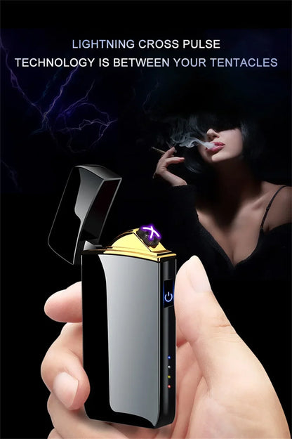 2024 New Windproof Electric Metal Lighter Double Arc Flameless Plasma Lighter USB Rechargeable LED Power Display Touch Sensor