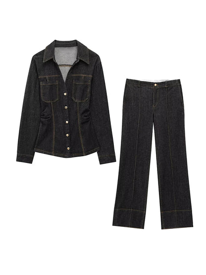 Women Two Pieces Set Denim Pant Sets Single Breasted Long Sleeve Belt Coat Wide Leg Trousers Jeans Female 2 Pieces Outfits