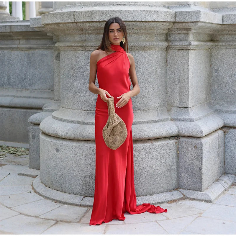 Elegant Solid Ribbon Women Halter Dress Off Shoulder Sleeveless Backless Slim Female Maxi Dresses 2025 Summer New Chic Lady Robe