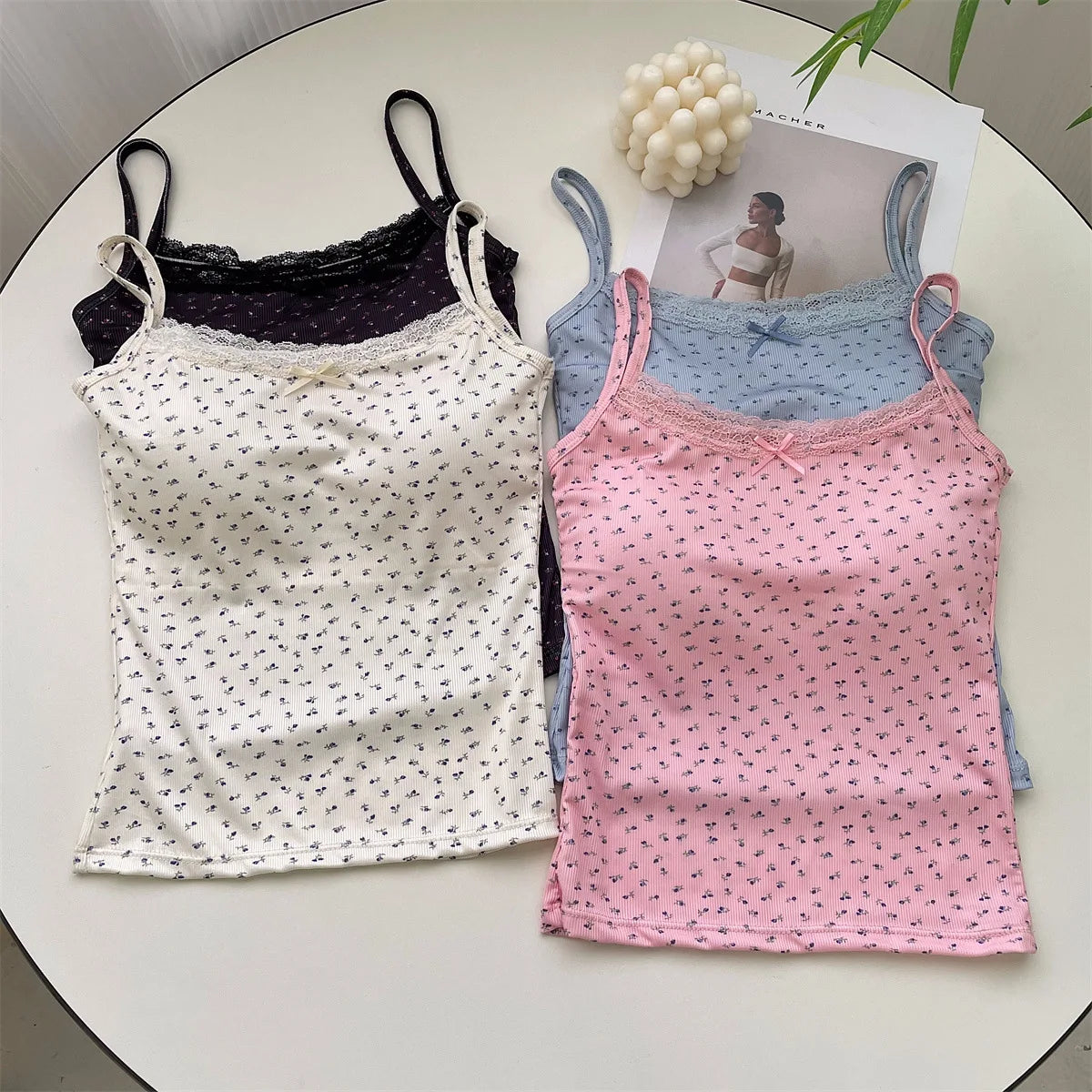 Summer Print Crop Tops for Women Bow Lace Camisole Sexy Backless Vest with Padded Basic Tank Top Bm Style Camis Y2k Streetwear