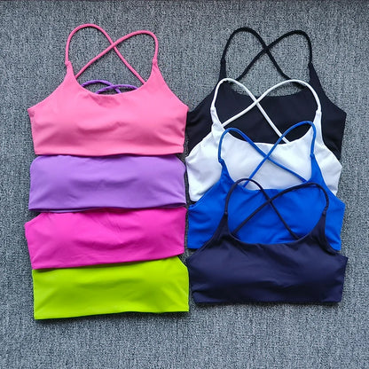 Solid Color Support Women Fitness Bra Yoga Vest Gym Sport Top Hollow back Push With Chest Pad Four Shoulder Straps Cross-back