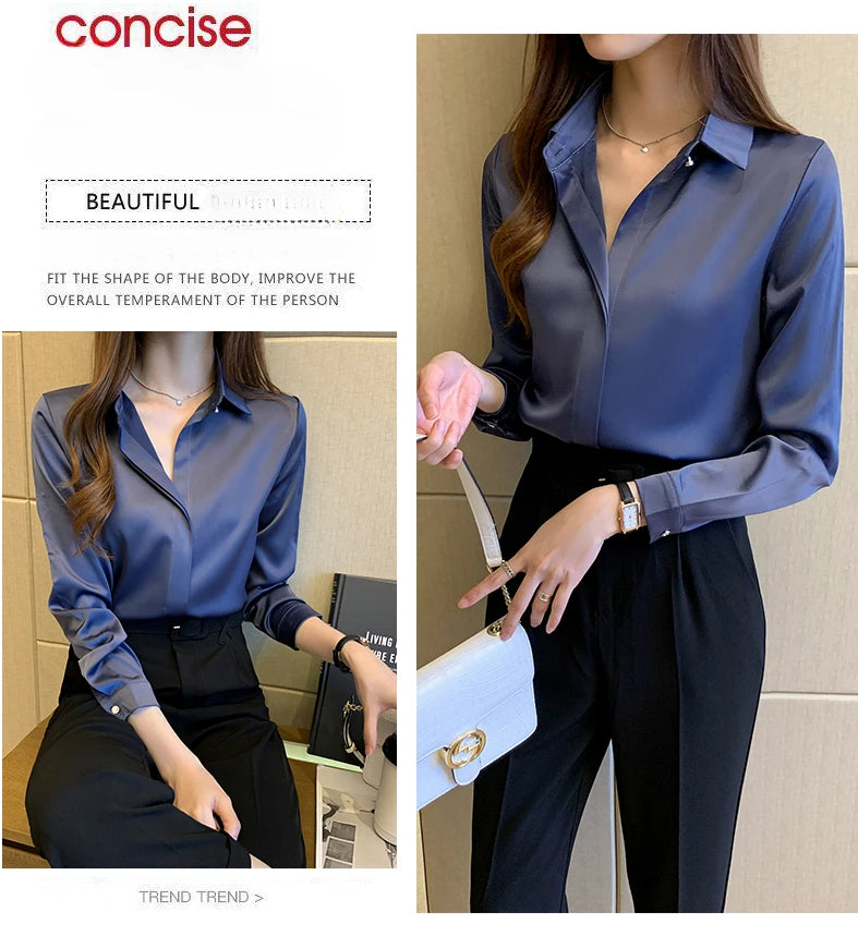 Satin Women Shirt Vintage Long Sleeve Blouse Women Silk Elegant Womens Tops Commuting Luxury White Shirt Autumn Female Clothing