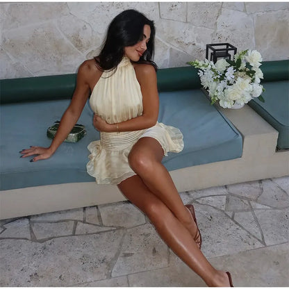 Yellow Elegant Stain Women's Sling Dress Sexy Backless Sleeveless V Neck High Waist Evening Gown Summer Chic Lady Partywear 2025